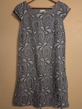 LINA TOMEI Blue Italian 100% Linen Embroidered Cap Sleeve Shift Dress Women's L